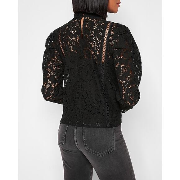 NEW Express Lace Puff Black Sleeve Top - Small - Picture 2 of 12